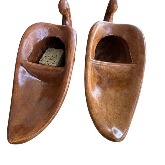 Pair Large Vtg Ceramic Cornucopia Horn of Plenty Table Center Planter Dark Brown - Picture 3 of 16